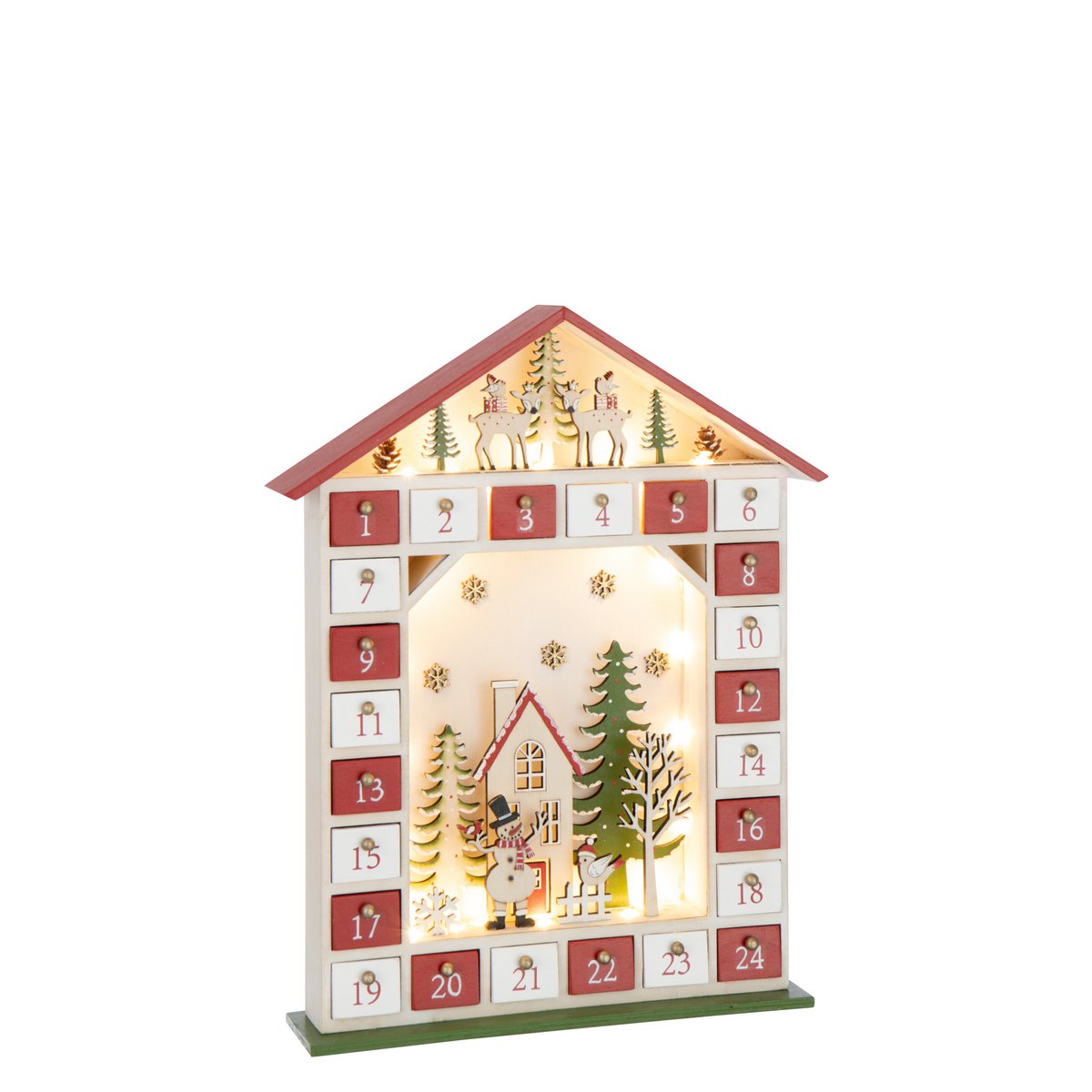 Adventskalender Haus Holz Rot Weiß mit LED Beleuchtung