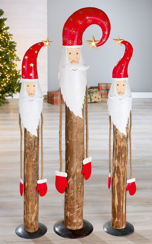 3er Set Holz Santa 'Noel' - Wackelarme Santa, Natur/Rot, aus Eukalyptusholz, 106 cm Hoch