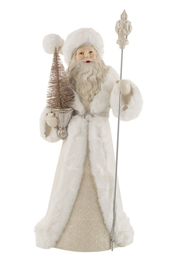 Weihnachtsmann Dekorationsfigur aus Poly in Weiß/Champagner mit Tannenbaum und Metallstab - Handgefertigt
