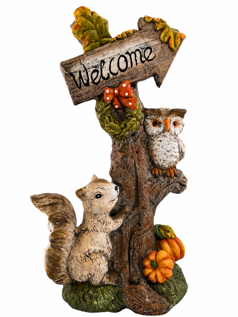 Autumnal welcome sign with owl and squirrel 52 cm