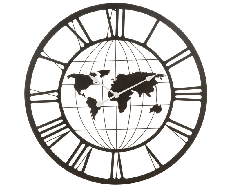 Zeitreise Wanduhr mit Römischen Ziffern und Weltkarte, Metall, Schwarz 80cm