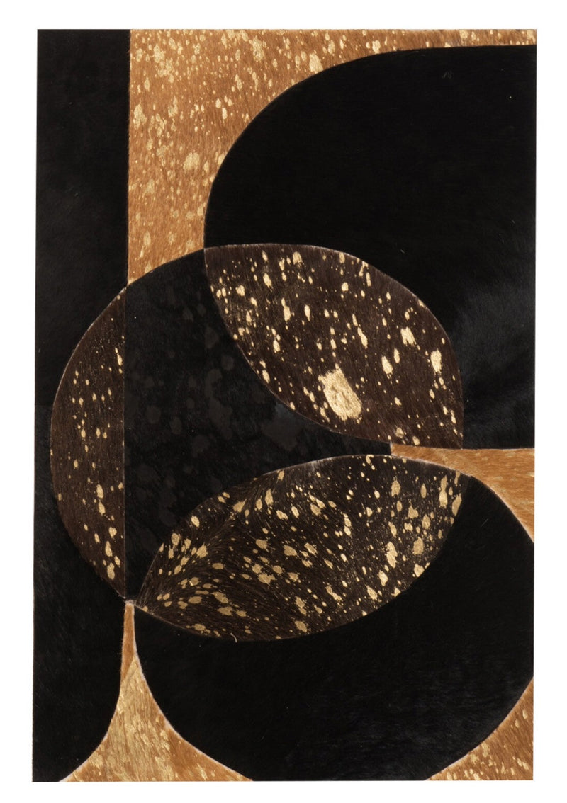 Kunstvolles kleines Wandbild "Rechteckige Formen & Kreise" aus Leder – Handgefertigte Eleganz in Schwarz und Goldtönen