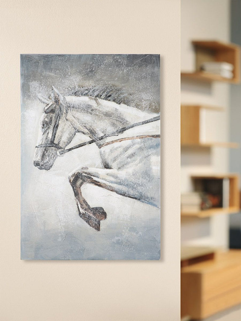 Wood/linen painting 'Leaping Horse' - Dynamic artwork on canvas