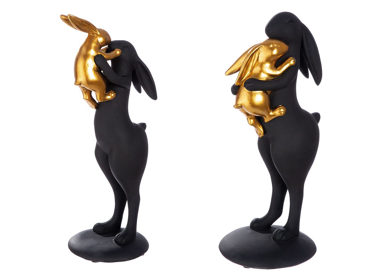 Set of 2 mother rabbit with child sculptures, matt black gold, 32 cm high, synthetic resin