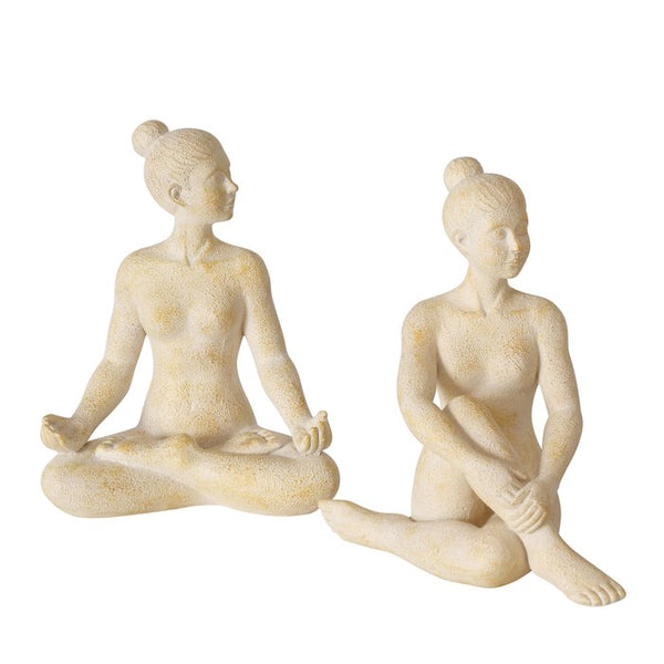 Set van 2 yogafiguren - handgemaakte harssculpturen, beige, matte afwerking, 20 cm hoog
