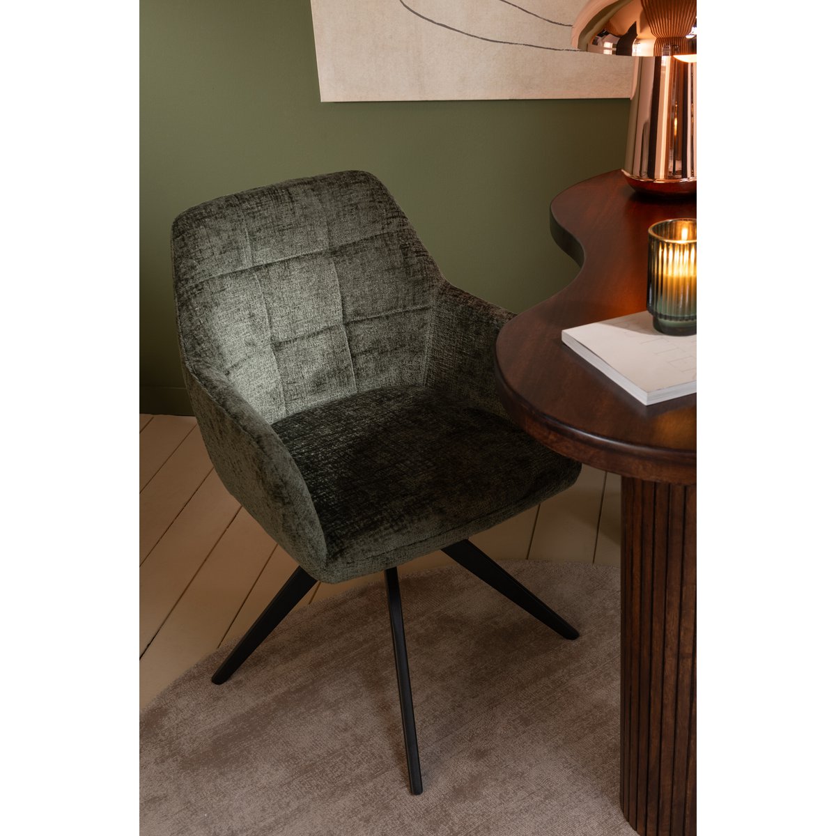 Groen gestoffeerde stoel Louna met metalen frame, 85 cm