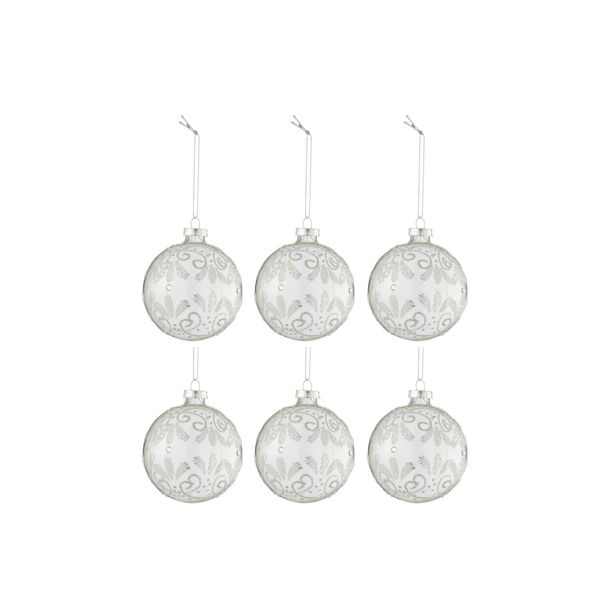J-Line Box mit 6 Weihnachtskugeln, Locken, Glitzer, Silber, Glas, transparent, klein