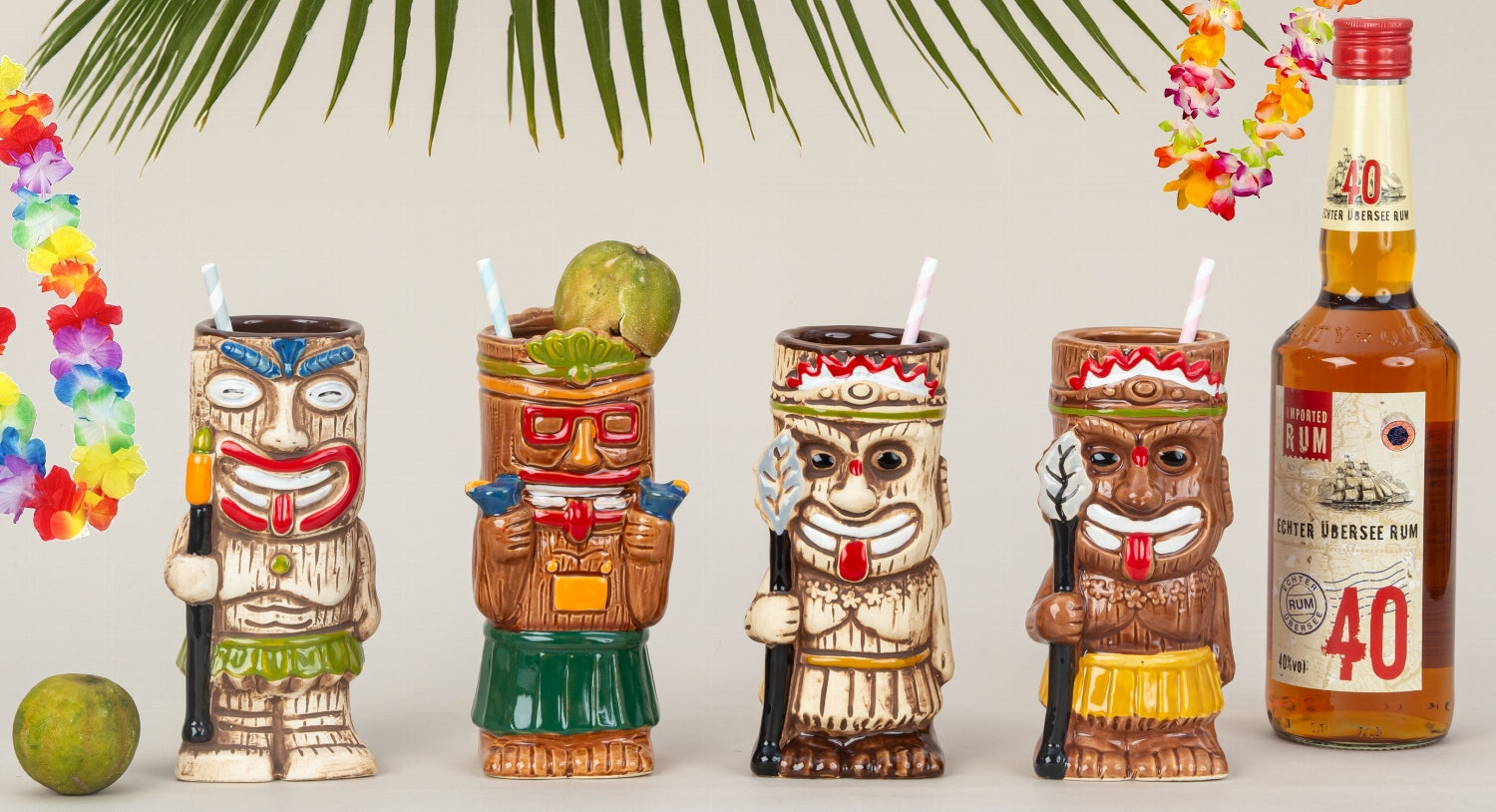Tiki Cocktail Becher Set aus Keramik 4er Set – Farbiges Design 440-550 ml