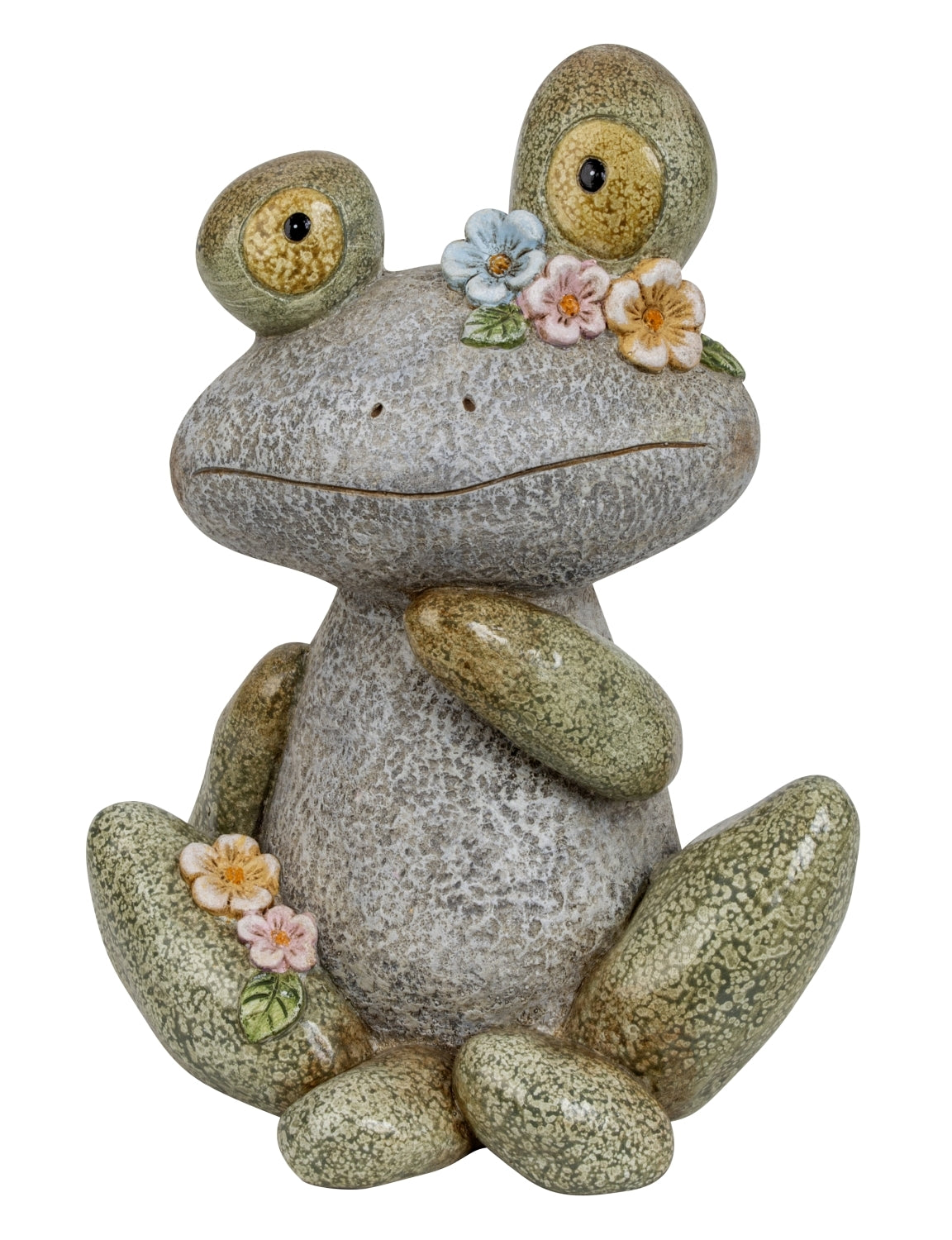 Dekofigur Steinfrosch Lotti mit Blumen aus Magnesia 33cm