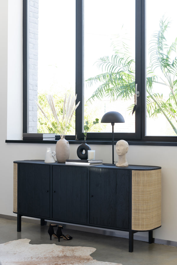 Molly Sideboard Kommode mit 3 Türen - Ein exotischer Mix aus Holz und Rattan in Schwarz