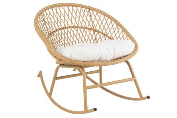 Zayo schommelstoel van metaal/rotan met kussens, perfect om buiten te ontspannen in wit of naturel 