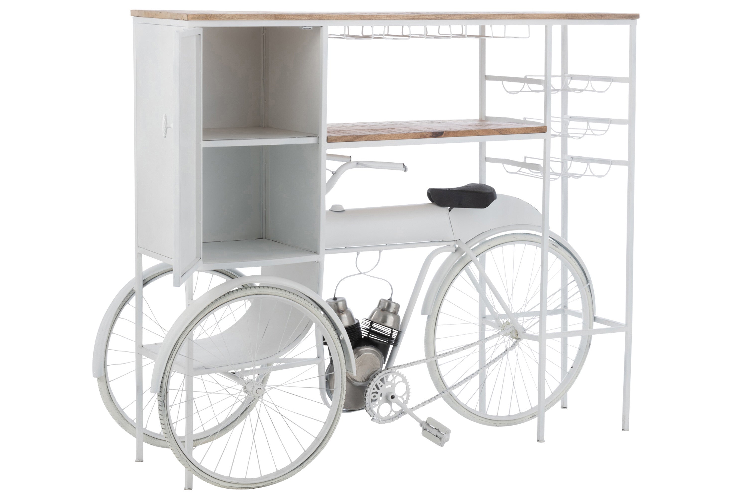 Bar Fahrrad aus Metall & Mango Holz Weinschrank mit Weinglashalter in Weiß & Natur