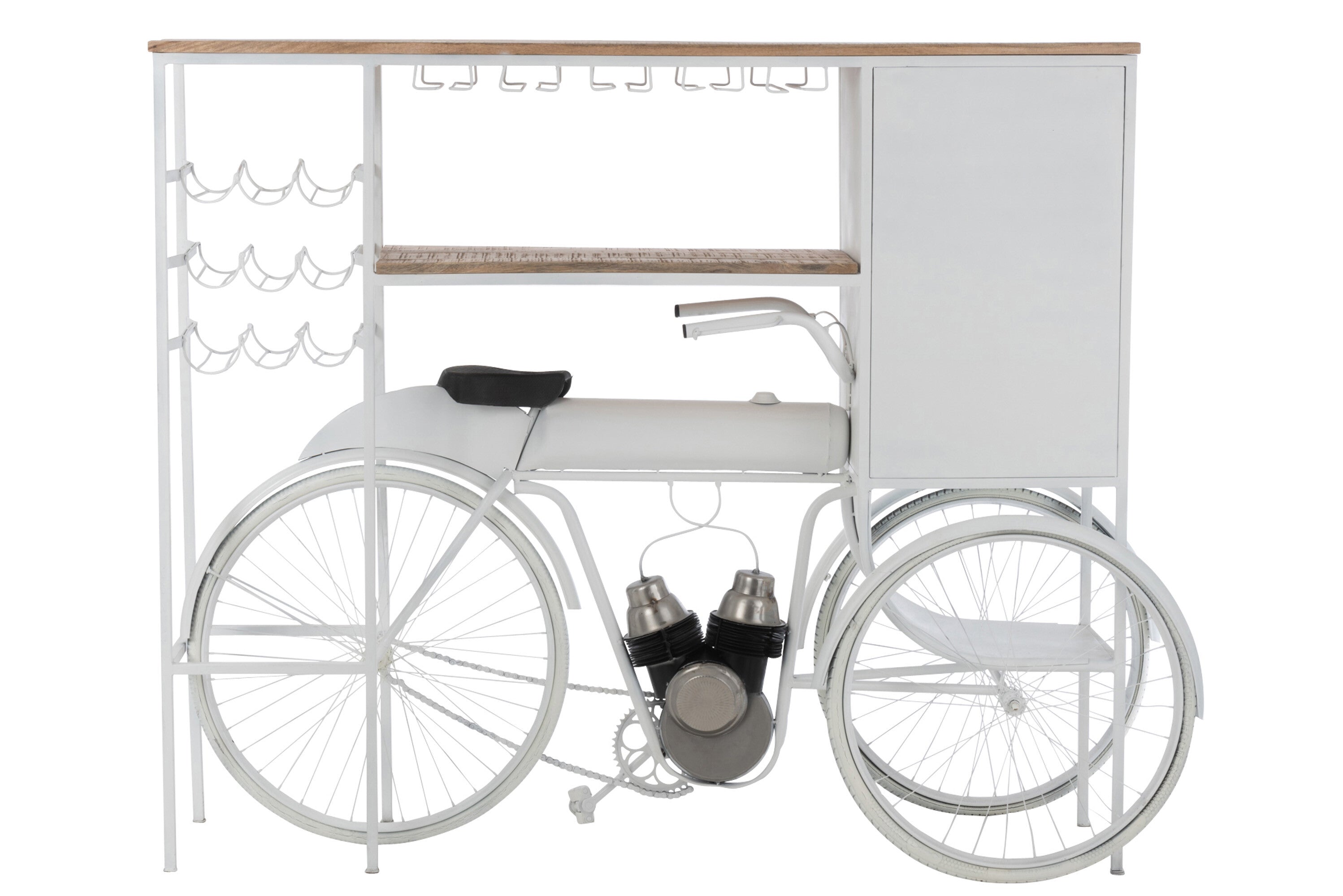 Bar Fahrrad aus Metall & Mango Holz Weinschrank mit Weinglashalter in Weiß & Natur