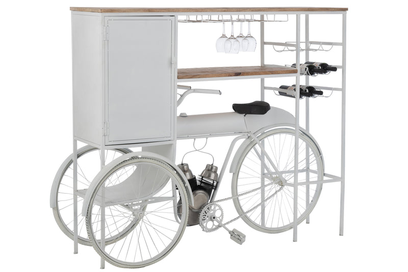 Bar Fahrrad aus Metall & Mango Holz Weinschrank mit Weinglashalter in Weiß & Natur