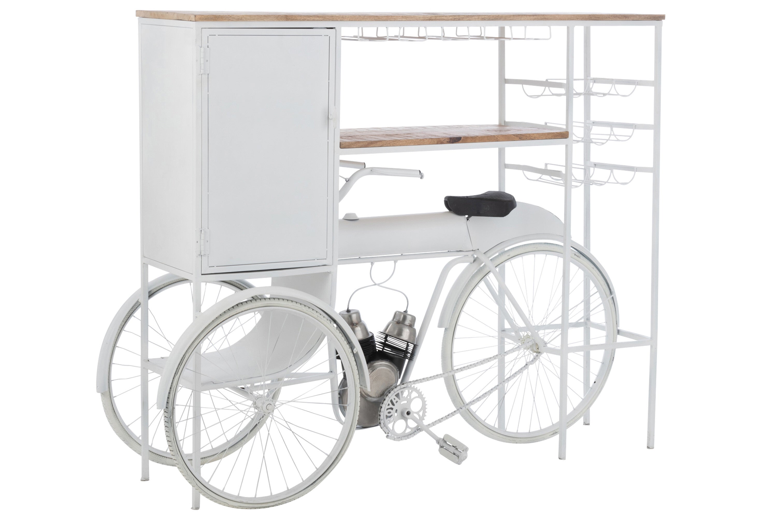 Bar Fahrrad aus Metall & Mango Holz Weinschrank mit Weinglashalter in Weiß & Natur