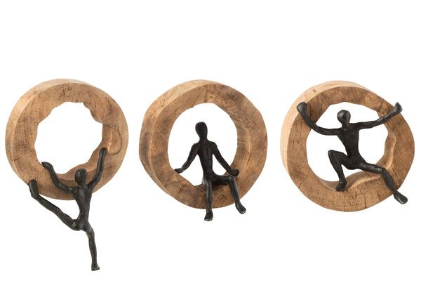 3-piece wall decoration set Climbing figures made of mango tree and aluminum in black