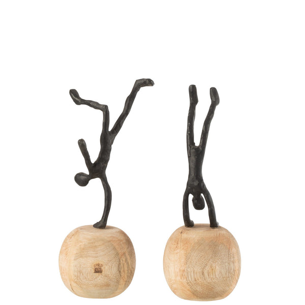 2-teiliges Handstand Figurenset aus Mangobaum und Aluminium in Schwarz