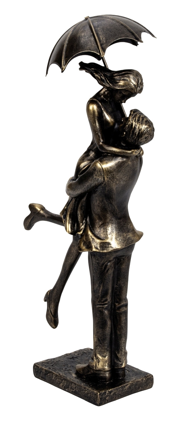 Liebesmoment Skulptur Paar mit Regenschirm Polyresin Gold Schwarz