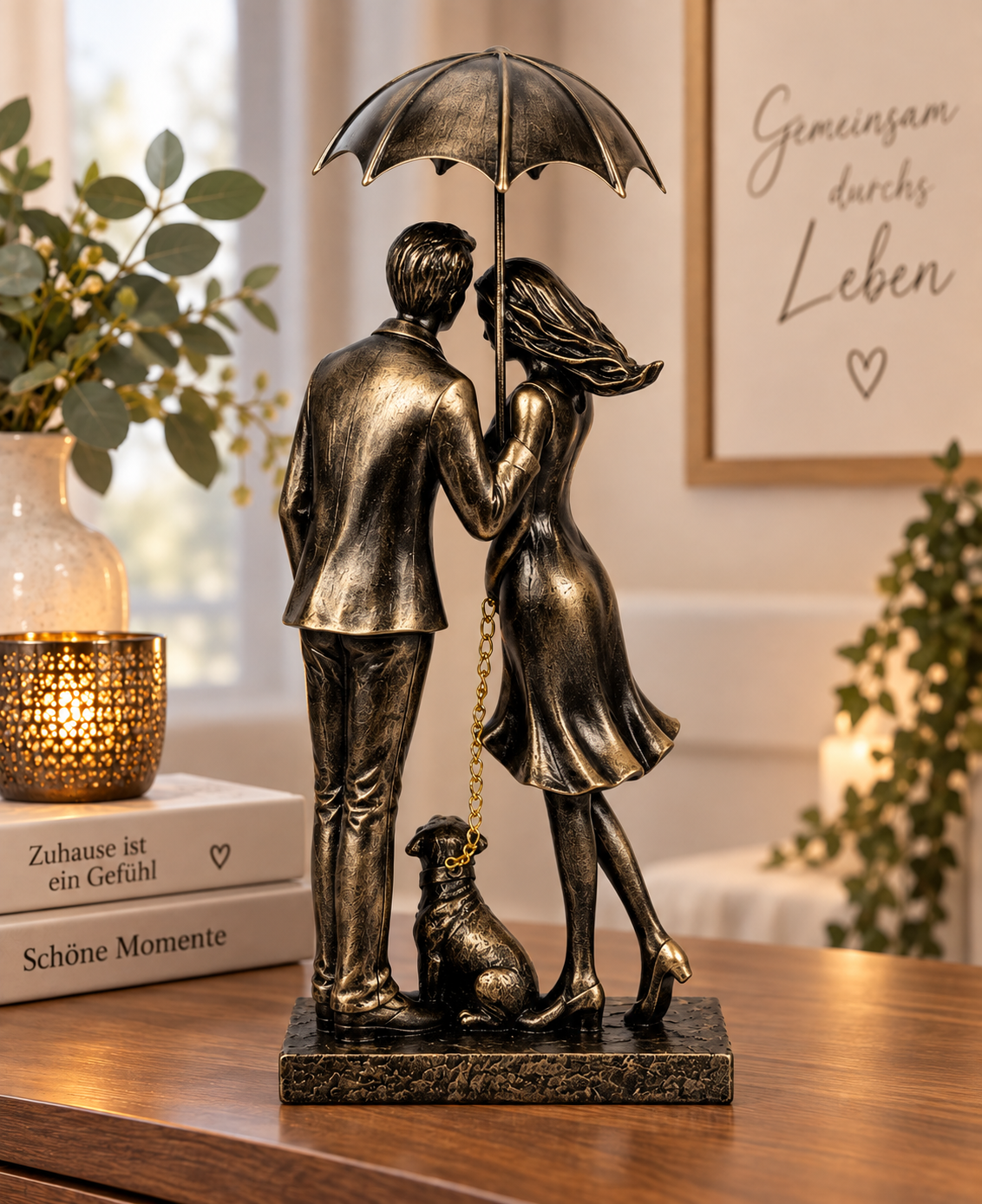 Dekofigur Paar mit Hund unter Regenschirm Gold Schwarz 32cm
