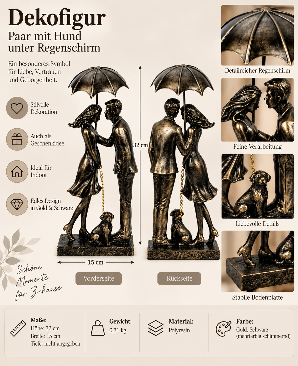 Dekofigur Paar mit Hund unter Regenschirm Gold Schwarz 32cm