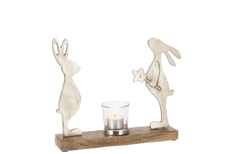Tealight holder 2 rabbits – mango tree and metal, silver-colored Easter