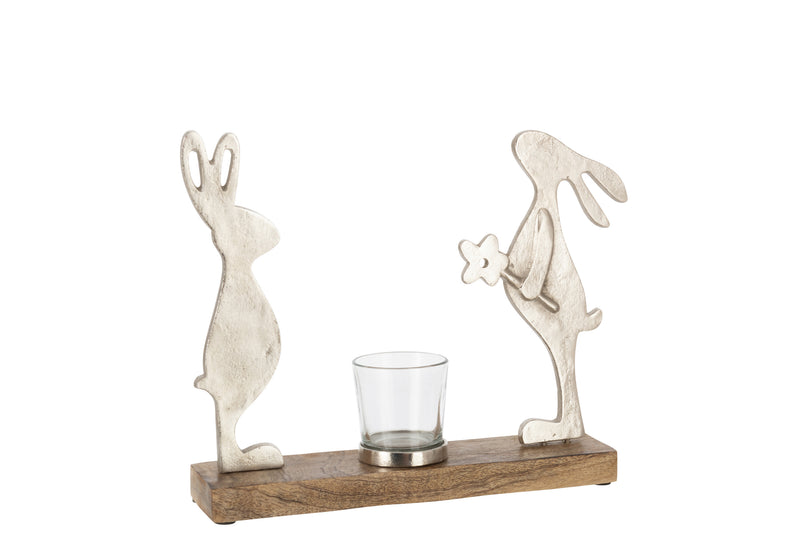 Tealight holder 2 rabbits – mango tree and metal, silver-colored Easter