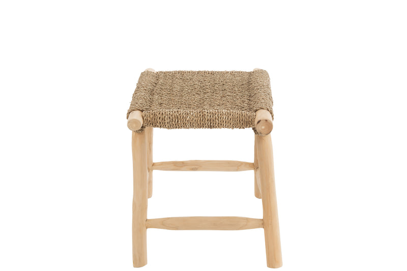 Handgemaakte kruk "Timo", gras/teak, natuurlijke kleur, groot