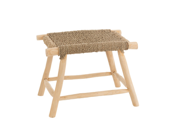 Handmade stool "Timo", grass/teak, natural color, large