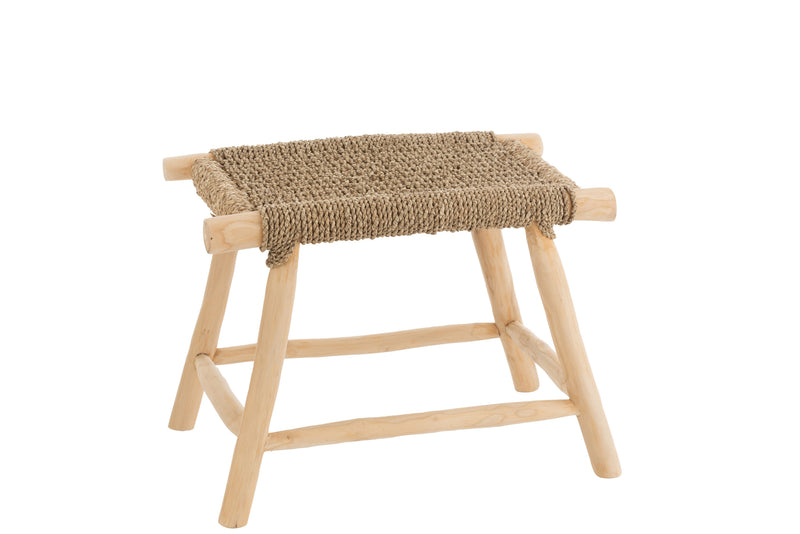 Handgemaakte kruk "Timo", gras/teak, natuurlijke kleur, groot