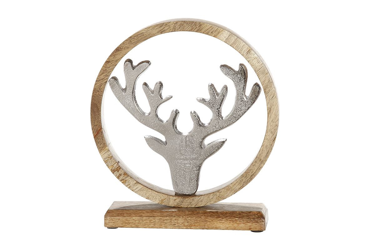 Wooden circle “Deer” – reindeer design with aluminum deer head on mango wood base