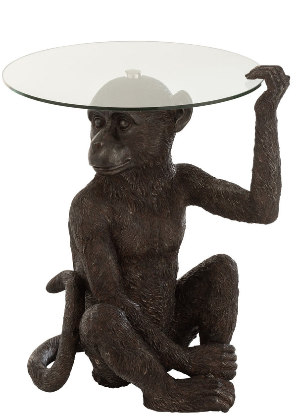 Beistelltisch "Sitzender Affe" - Handgefertigt, Poly Material, Dunkelbraun, Runde Glasplatte, 62x48x52 cm