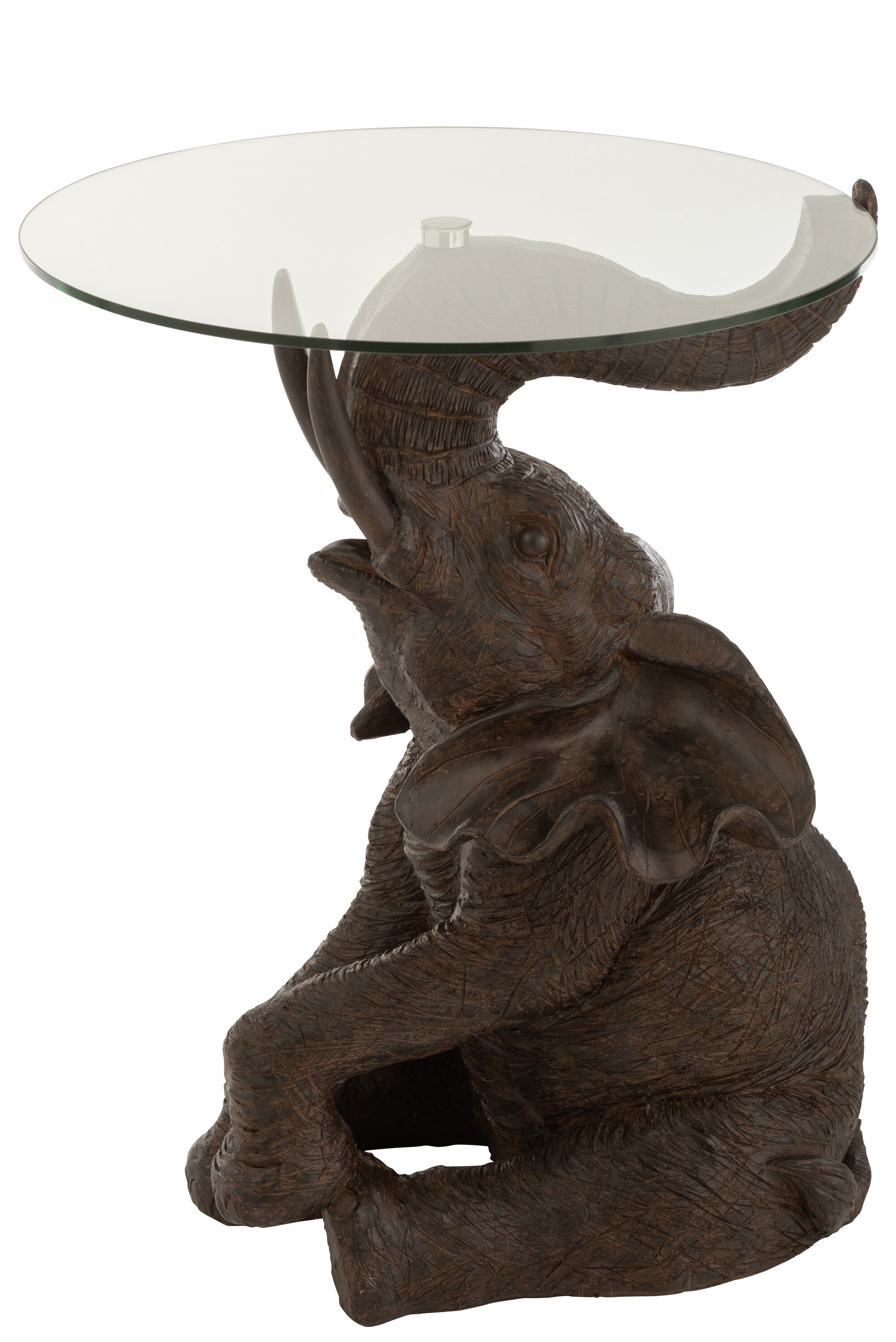 Unieke bijzettafel met olifantenmotief en glazen blad in donkerbruin van poly - handgemaakt en stijlvol decoratief