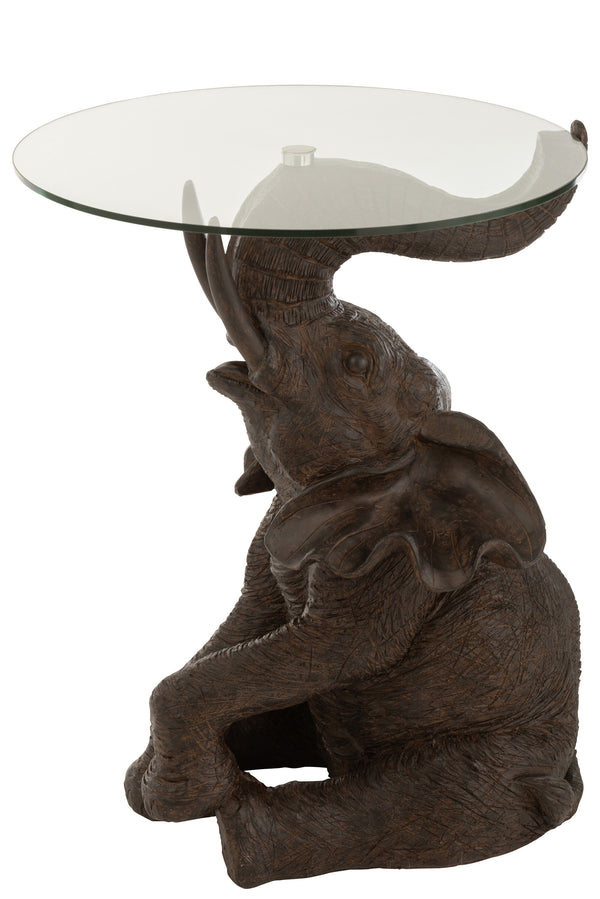 Einzigartiger Beistelltisch mit Elefantenmotiv und Glasplatte in Dunkelbraun aus Poly - Handgefertigt und stilvoll dekorativ
