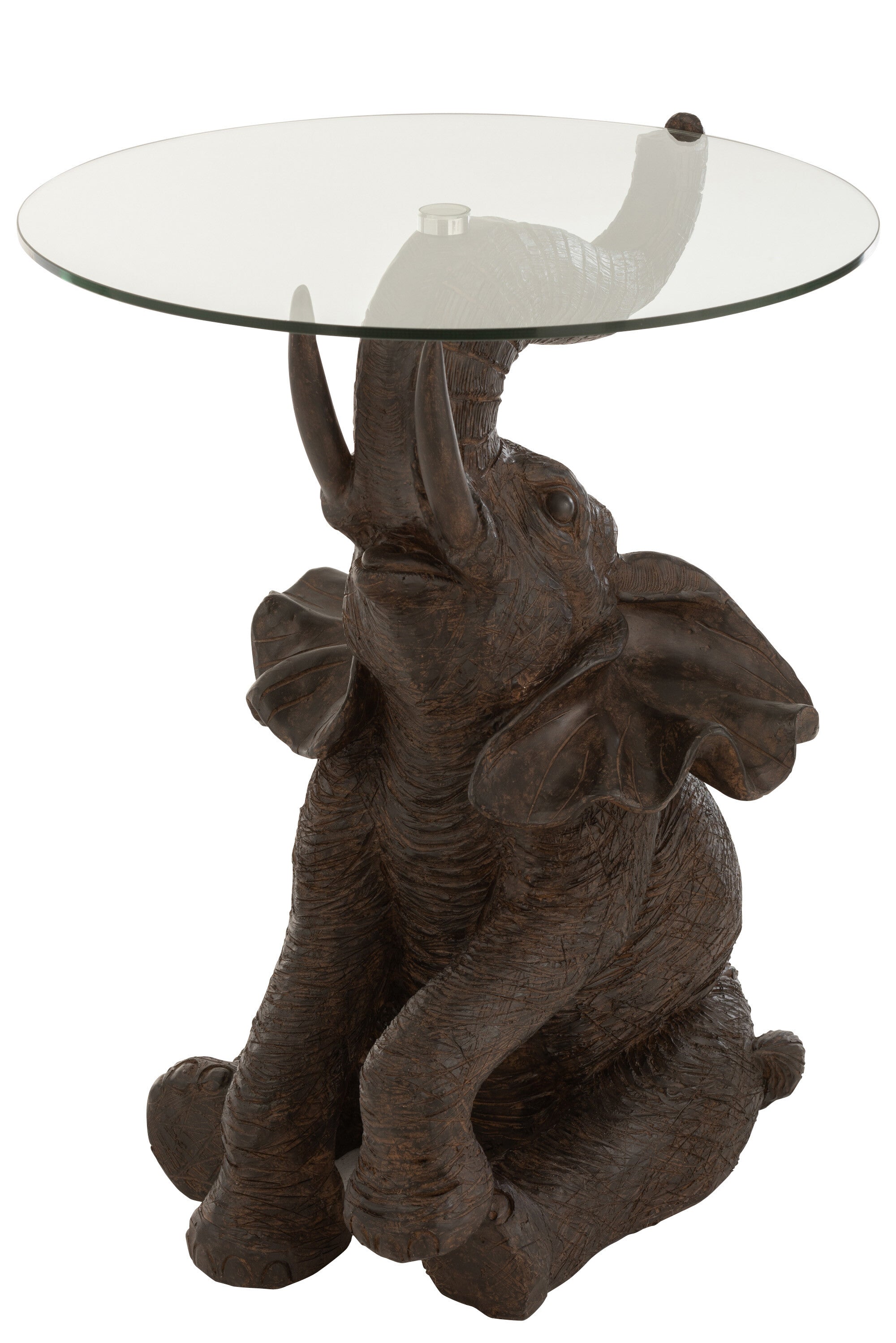 Unieke bijzettafel met olifantenmotief en glazen blad in donkerbruin van poly - handgemaakt en stijlvol decoratief