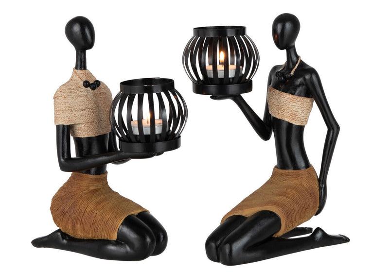 2er Set Teelichthalter "Ethnisch Kniend" – Dunkelbraune Polyfiguren im Ethno-Stil, 23,5 cm Höhe