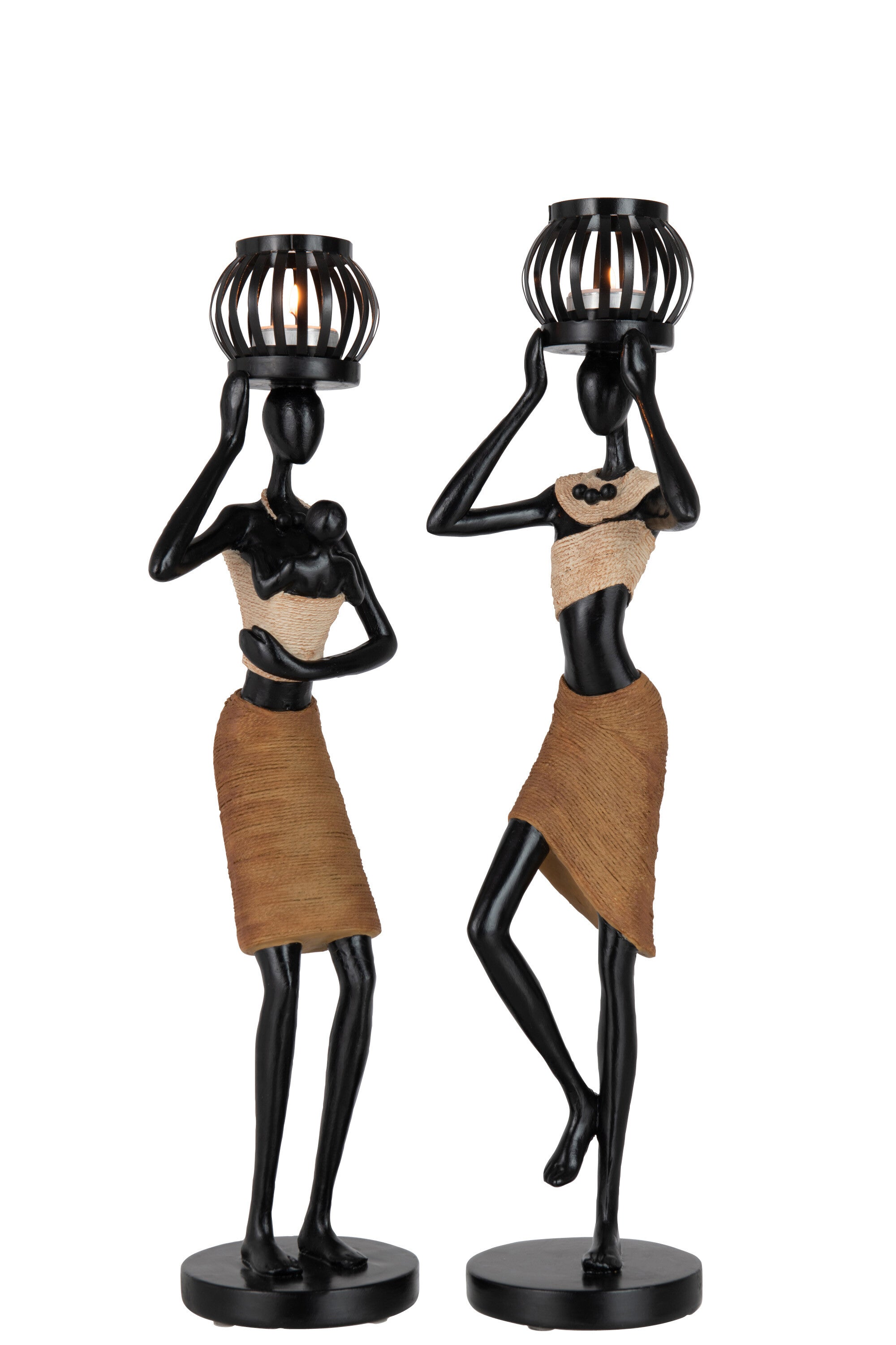 Set of 4 tea light holders "Ethnic" - poly head figures, brown, woman with baby &amp; basket, 47.5 cm height