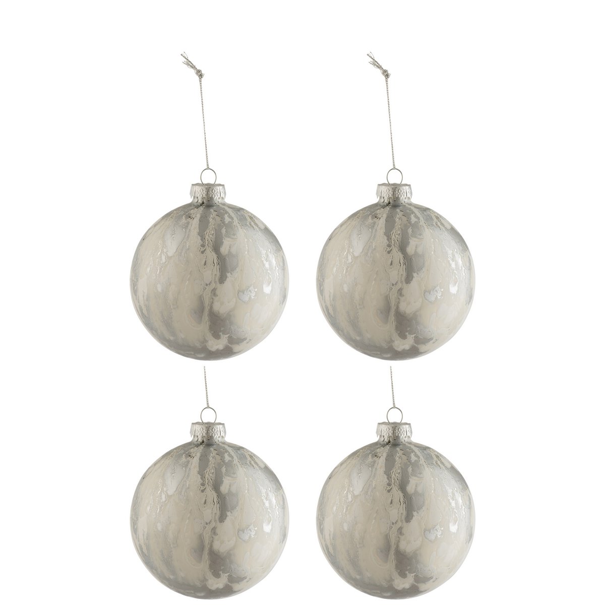 J-Line Doos met 4 kerstballen, marmerlook, glas, wit/zilver, medium