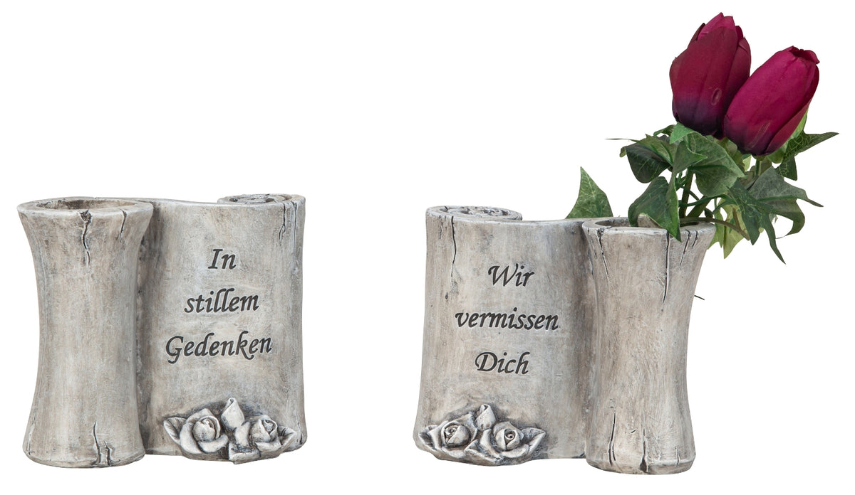 Grabvasen Stilles Gedenken Grau mit Rosen 2er Set 13 und 13,5 cm