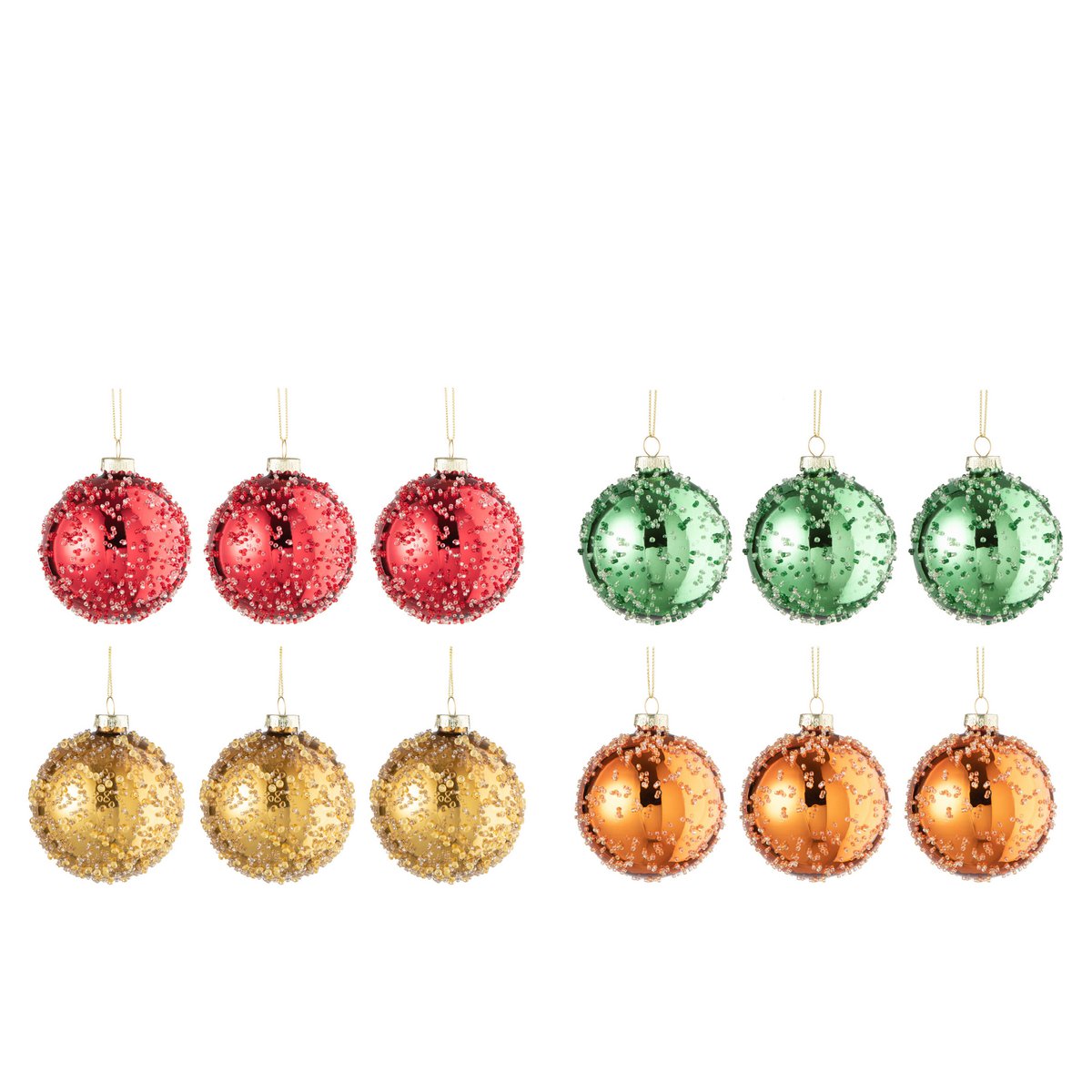 Box mit 12 Weihnachtskugeln, 3+3+3+3 Perlen, Glas, Gold/Rot/Orange/Grün, klein