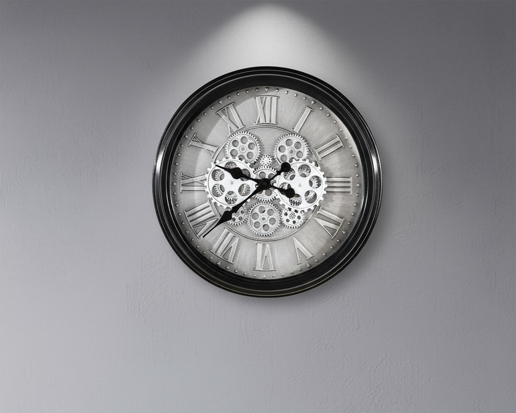 Factona - Wall clock made of metal and glass with antique finish and rotating gears