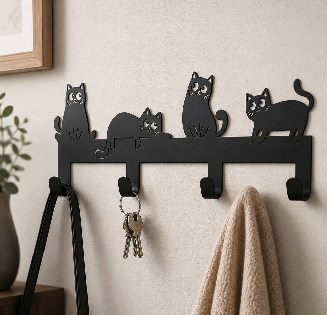 Wandgarderobe Katzenbande mit 4 Haken Schwarz 43,5 cm