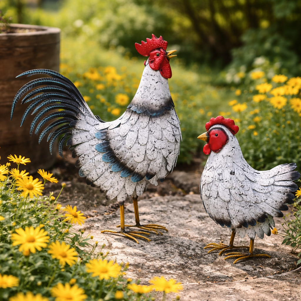 Metall Hahn und Henne Set Cluckia gepunktet stehend Gartenfigur 2er Set