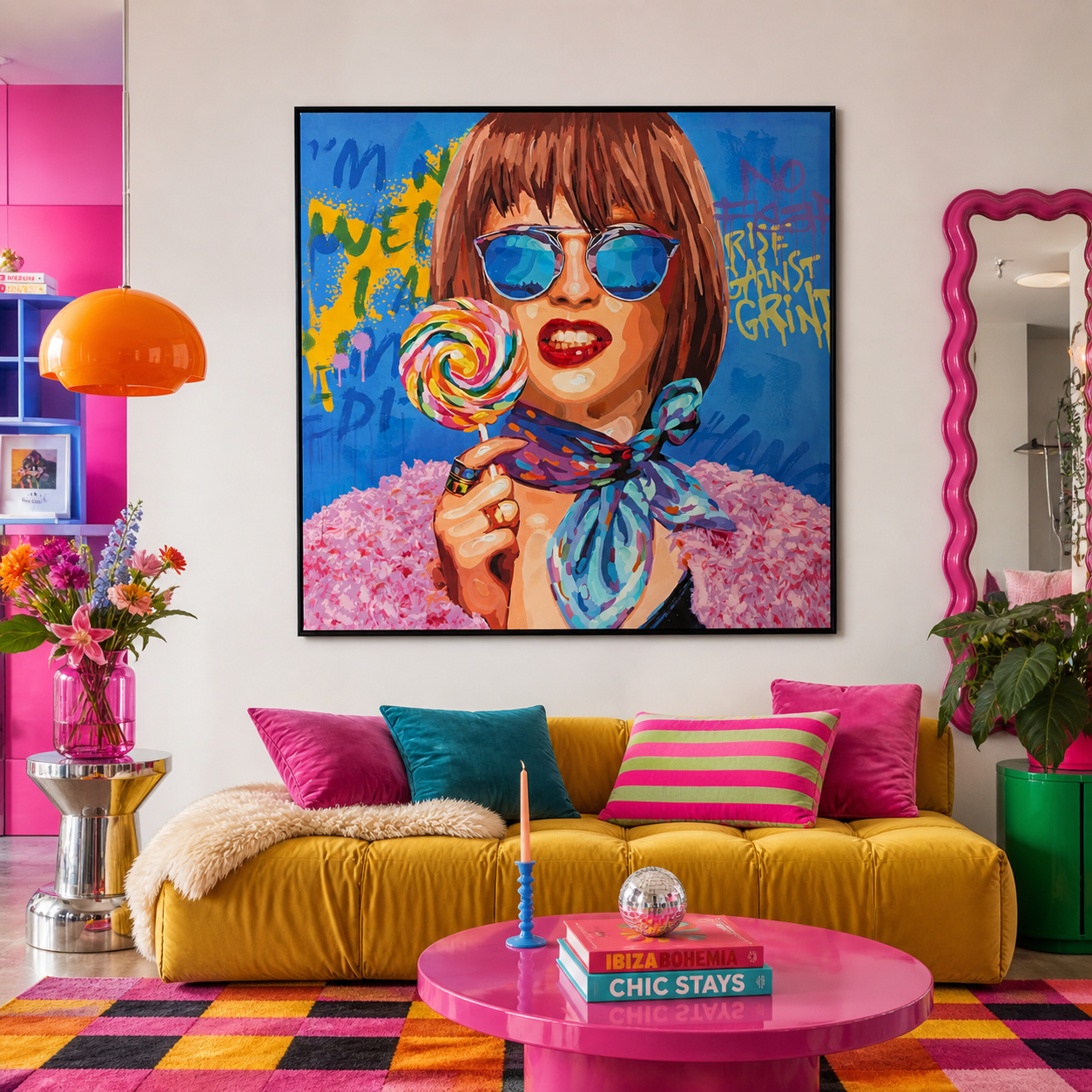Vibrant graffiti woman with lollipop - hand-painted canvas wall decoration in a variety of colors 100x100cm 