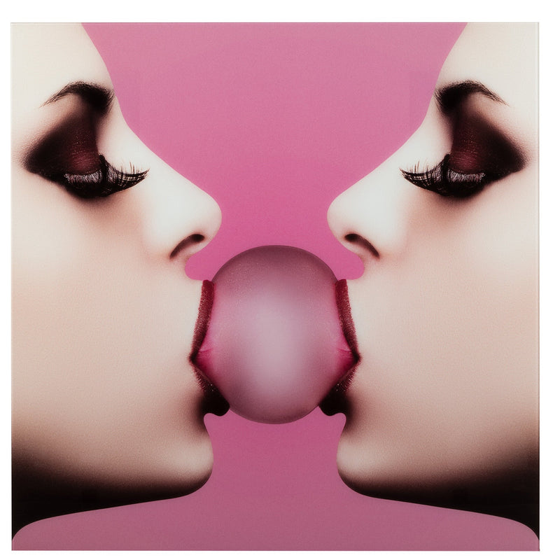 Chewing Gum Balloon Wall Art - Pink Tempered Glass with Two Women - Playful and modern art for a lively ambiance