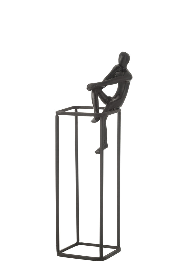 Set of 2 black thinker figures on cubes - modern aluminum sculptures