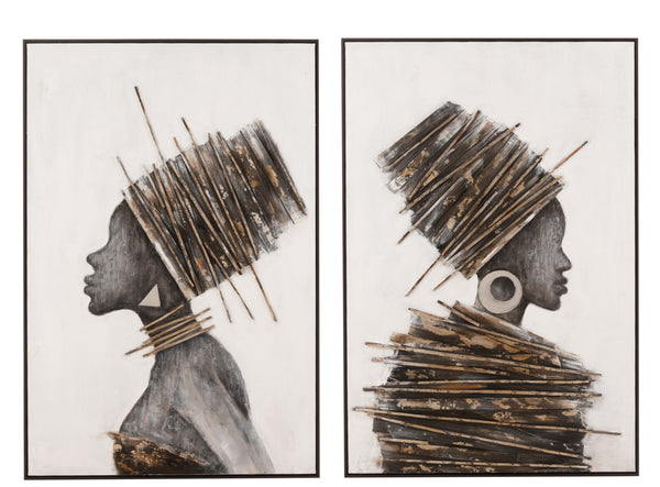 2-teiliges Leinwandbild Afrikanische Frau Handbemalt mit Holzrahmen Braun/Grau - Exotische Wandkunst