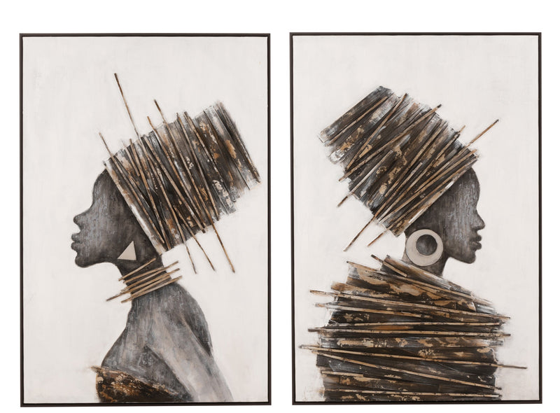 2 Piece Canvas Print African Woman Hand Painted with Wooden Frame Brown/Grey - Exotic Wall Art
