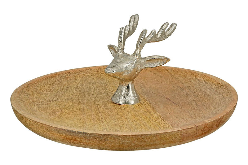 2er Set Holz Tablett 'Rudolph' – Naturfarbenes Mangoholz mit stilvollem Aluminium-Hirsch