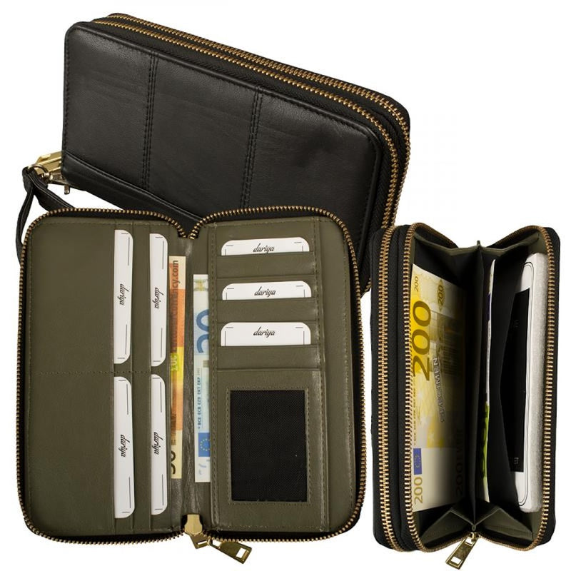Large ladies wallet lamb nappa leather black/olive – lots of space &amp; elegance