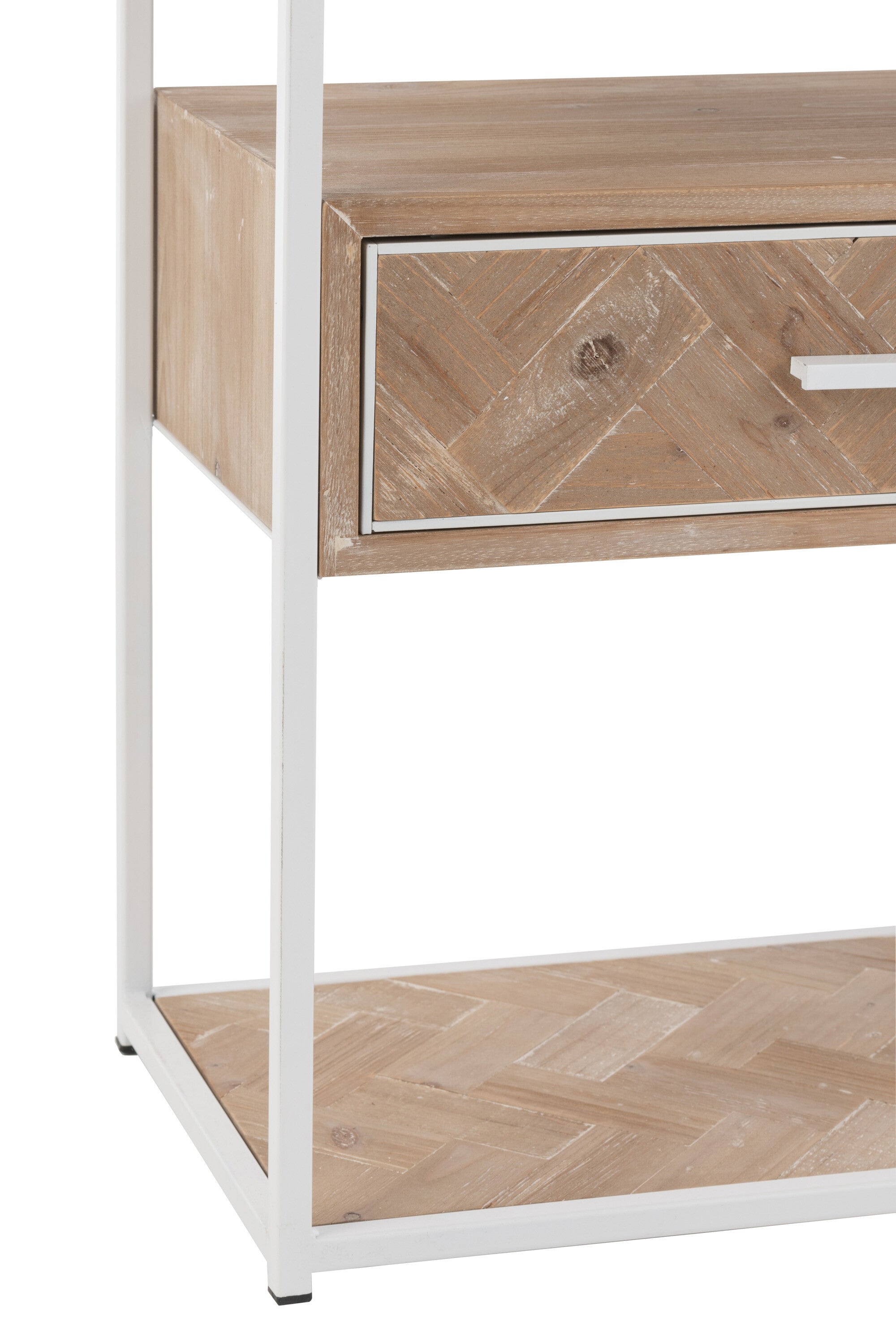 Eleganter Zigzag Beistelltisch mit Schublade - Holz und Metall in strahlendem Weiß